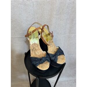 Michael Kors Denim Cork Wedge Sandals Blue Knotted Bow Platform Heels 8.5M
